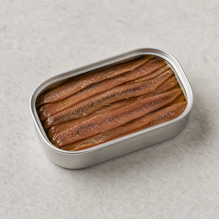 Anchovies (canned, opened) on a neutral surface
