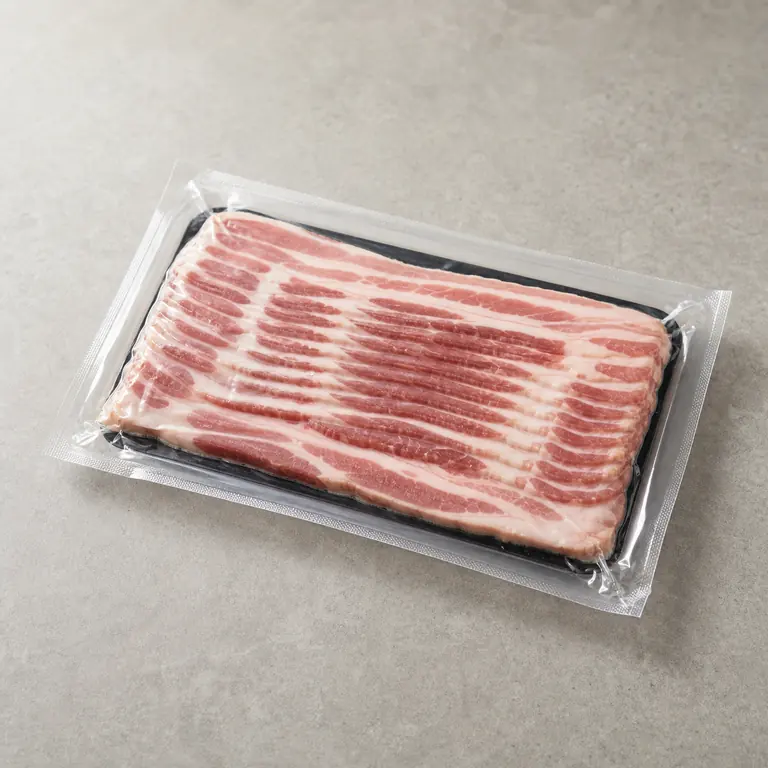 Bacon (raw, unopened) on a neutral surface