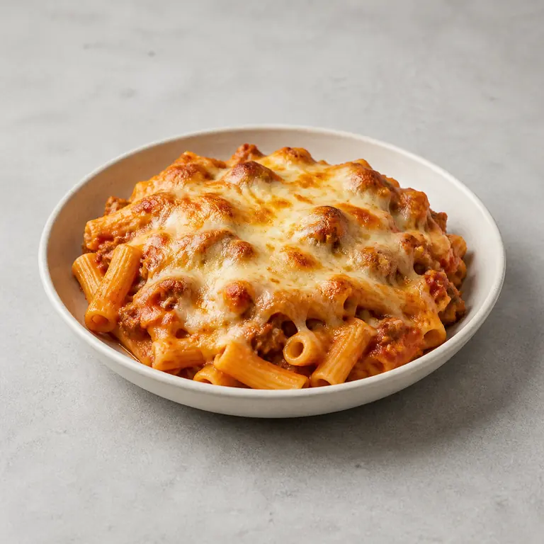 Baked ziti (cooked) on a neutral surface