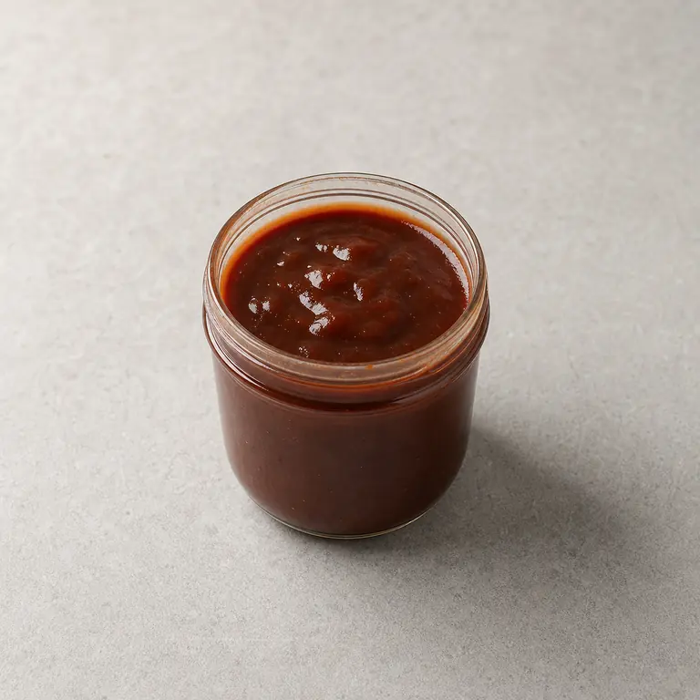 BBQ sauce (opened) on a neutral surface