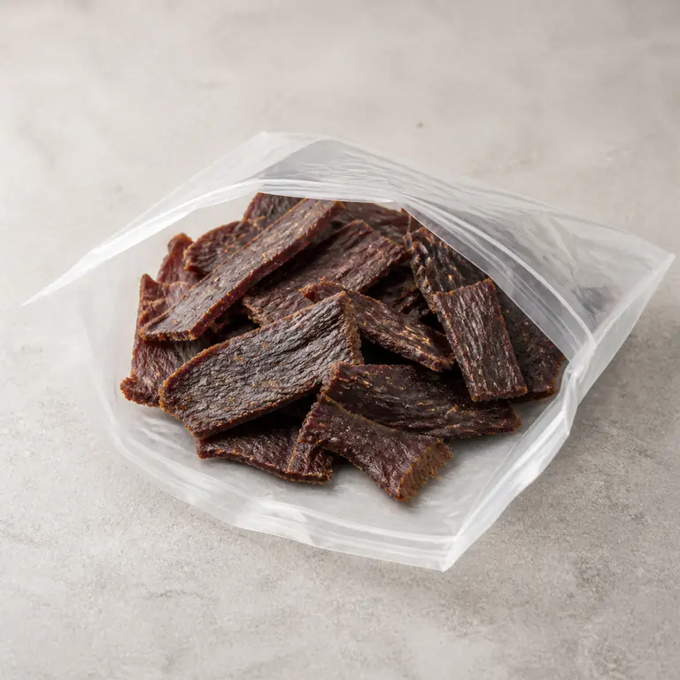 Beef jerky (opened) on a neutral surface
