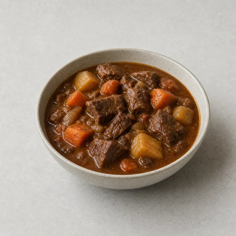 Beef stew (cooked) on a neutral surface
