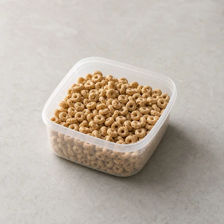Breakfast cereal (opened) on a neutral surface