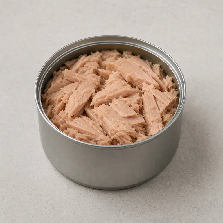 Canned tuna (opened) on a neutral surface