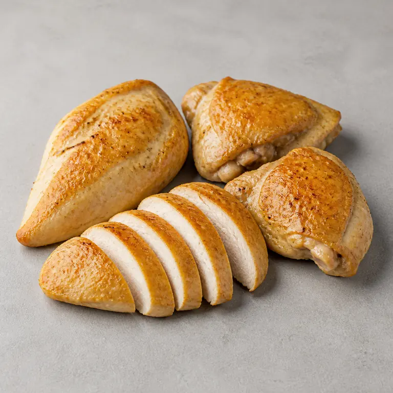 Chicken (cooked) on a neutral surface