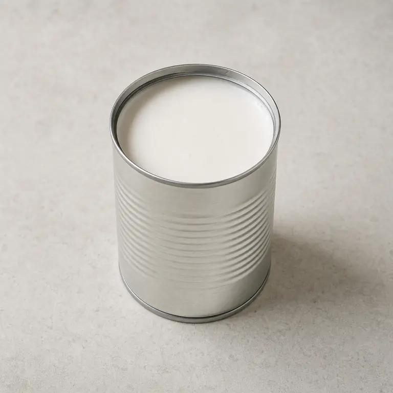 Coconut milk (opened) on a neutral surface