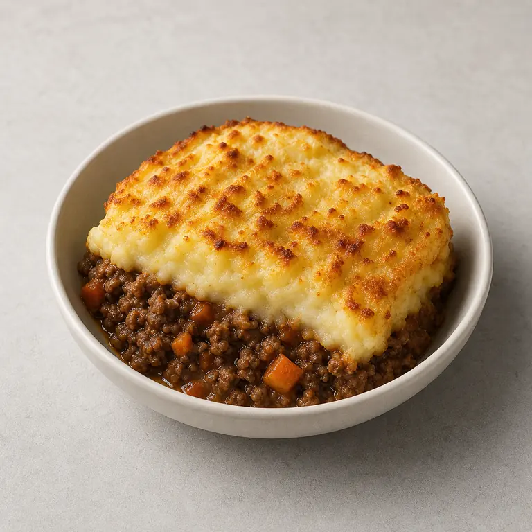 Cottage pie (cooked) on a neutral surface