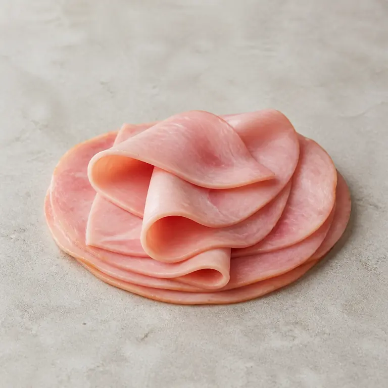 Deli ham (sliced) on a neutral surface