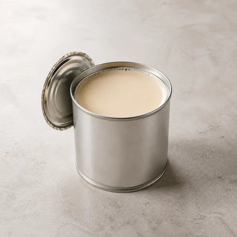 Evaporated milk (opened) on a neutral surface