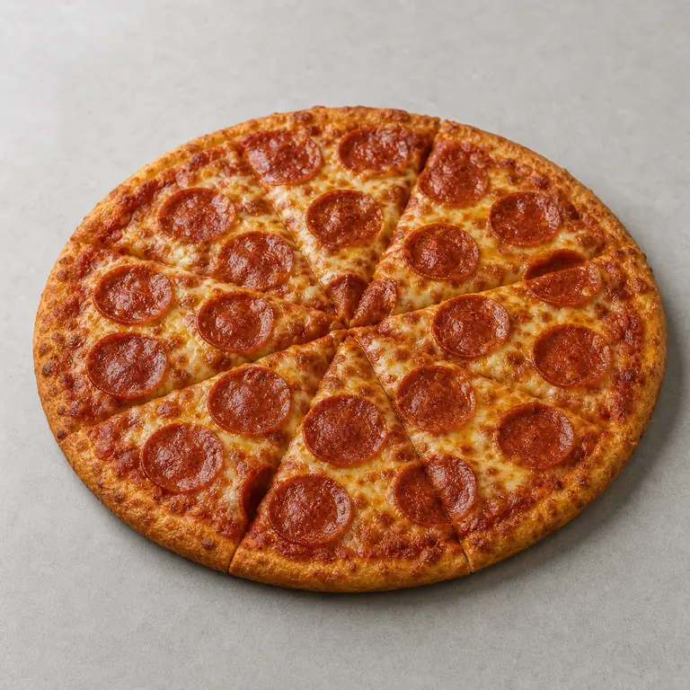 Frozen pizza (cooked) on a neutral surface