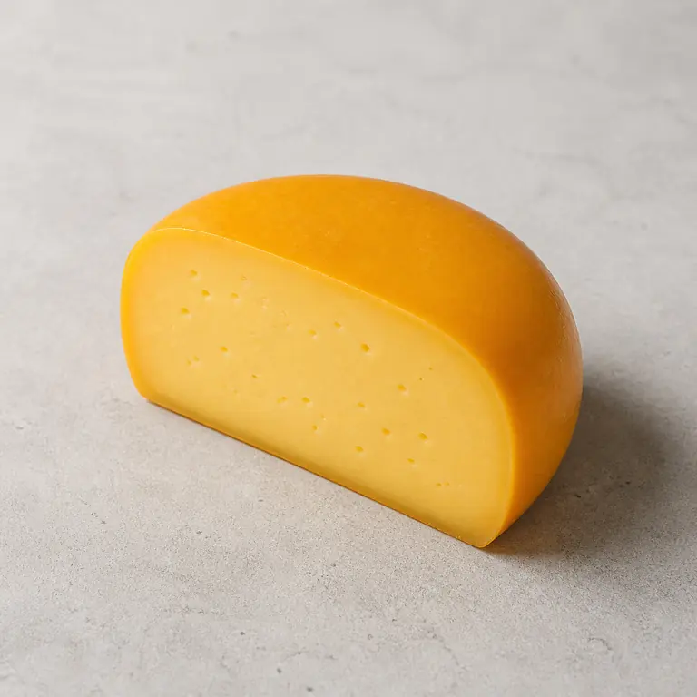 Gouda cheese on a neutral surface