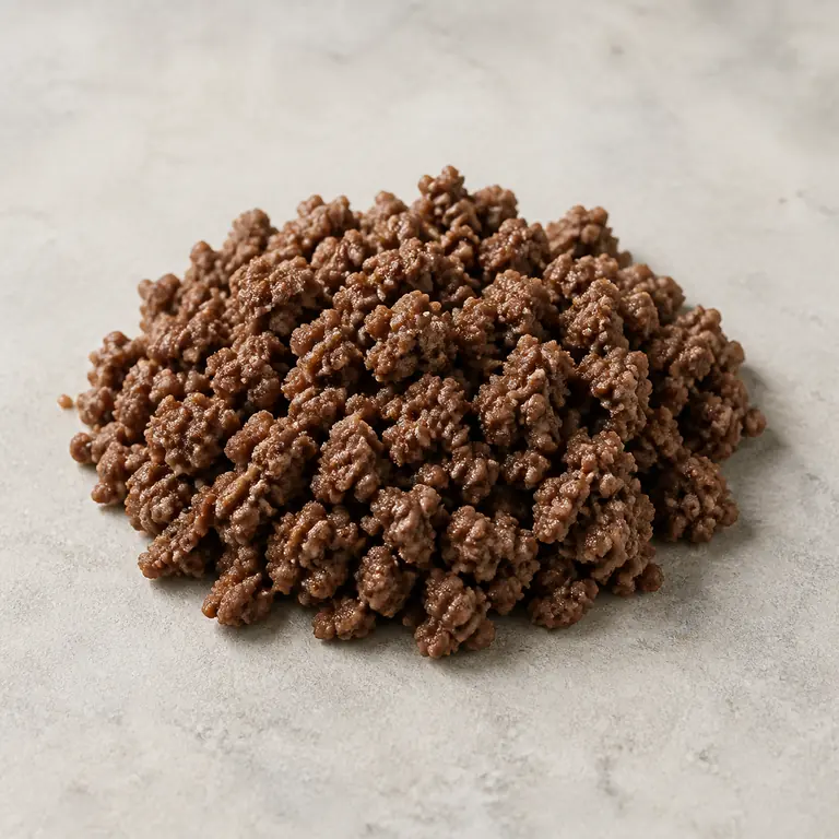 Ground beef (cooked) on a neutral surface