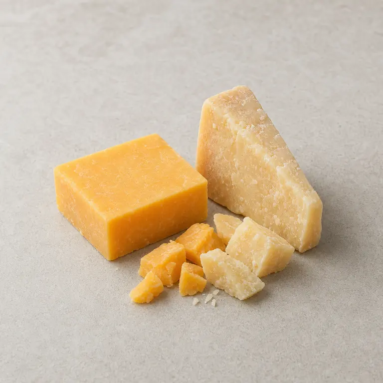 Hard cheese (cheddar, parmesan) on a neutral surface