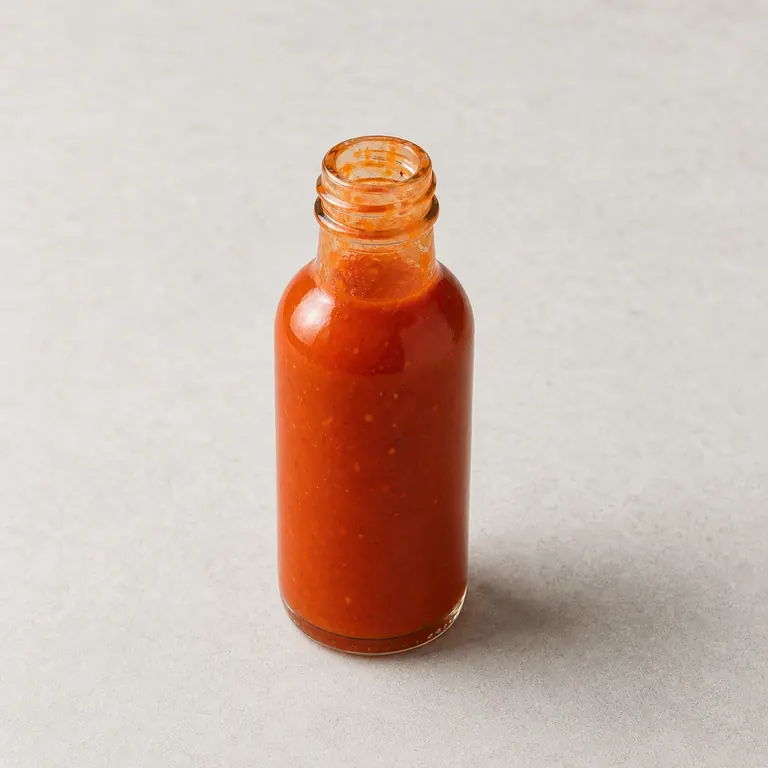 Hot sauce (opened) on a neutral surface