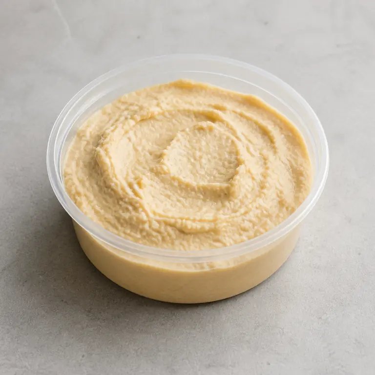 Hummus (opened) on a neutral surface