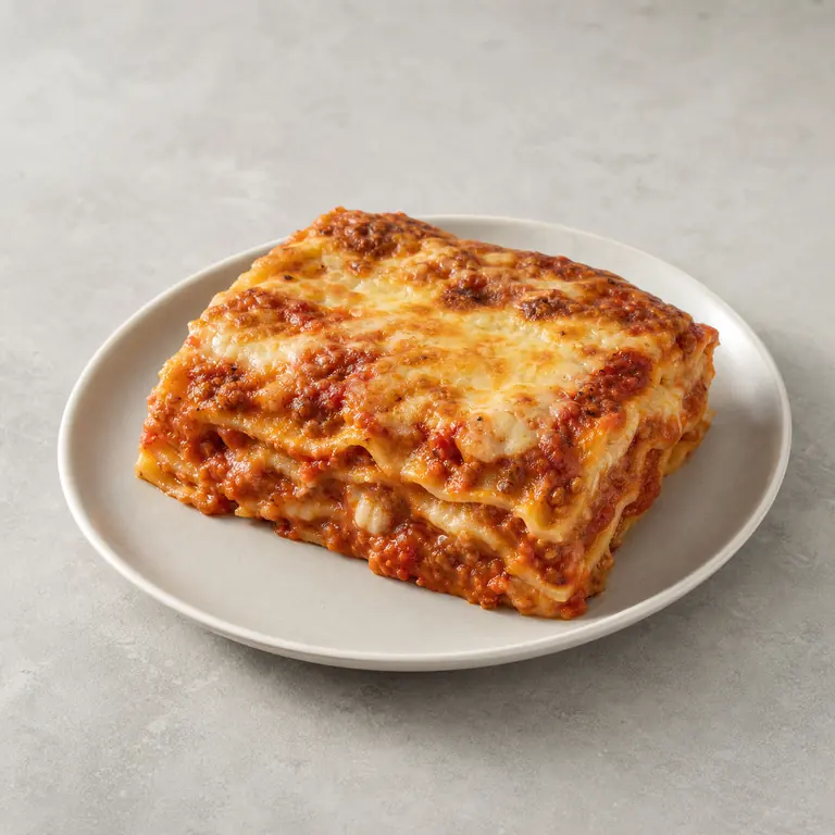 Lasagna (cooked) on a neutral surface