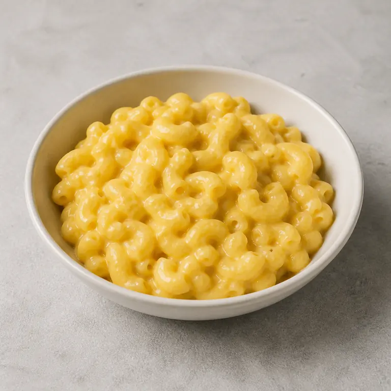 Mac and cheese (cooked) on a neutral surface