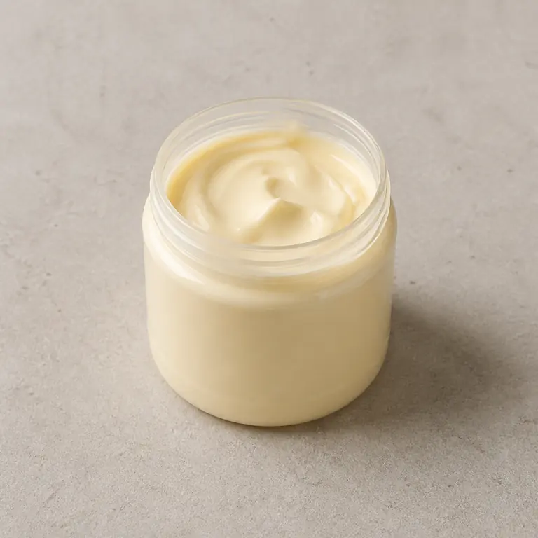 Mayonnaise (opened) on a neutral surface