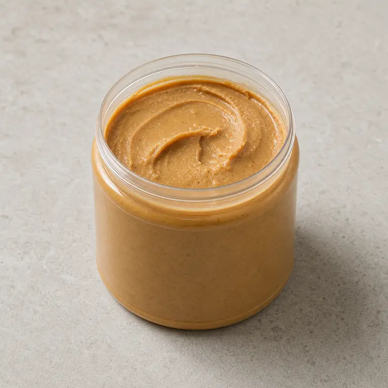 Peanut butter (opened) on a neutral surface