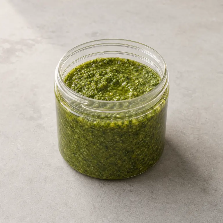 Pesto (opened) on a neutral surface