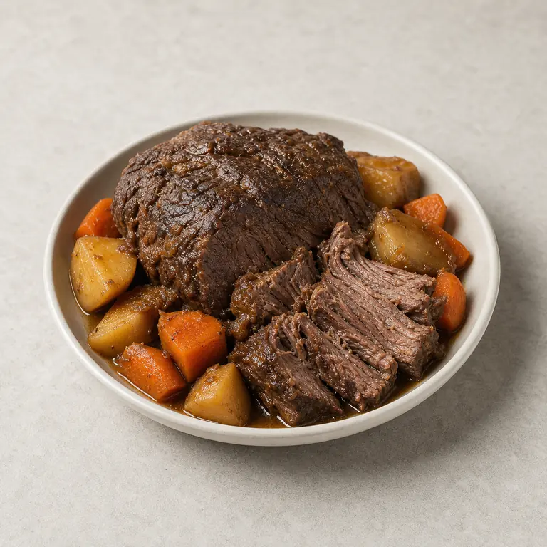 Pot roast (cooked) on a neutral surface