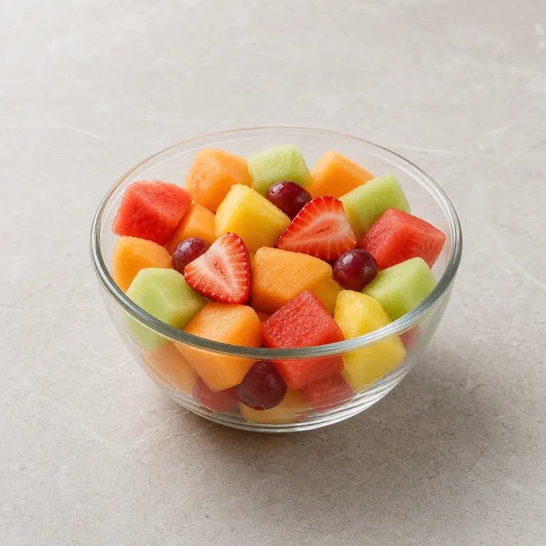 Pre-cut fruit mix on a neutral surface