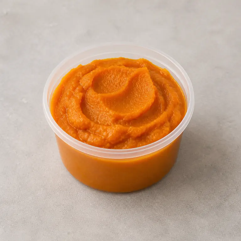 Pumpkin puree (opened) on a neutral surface