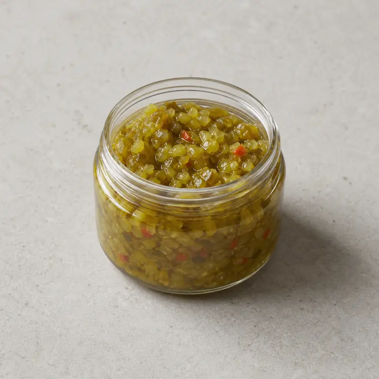 Relish (opened) on a neutral surface
