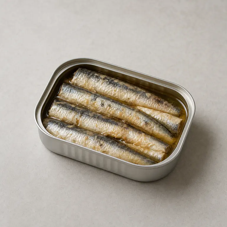 Sardines (canned, opened) on a neutral surface