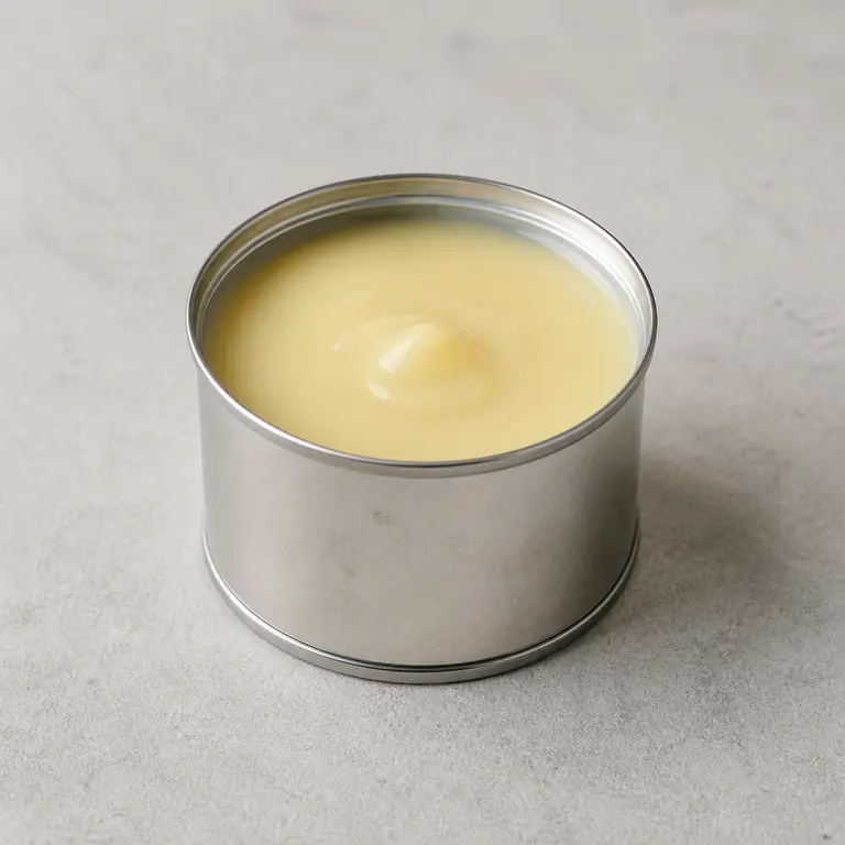 Sweetened condensed milk (opened) on a neutral surface