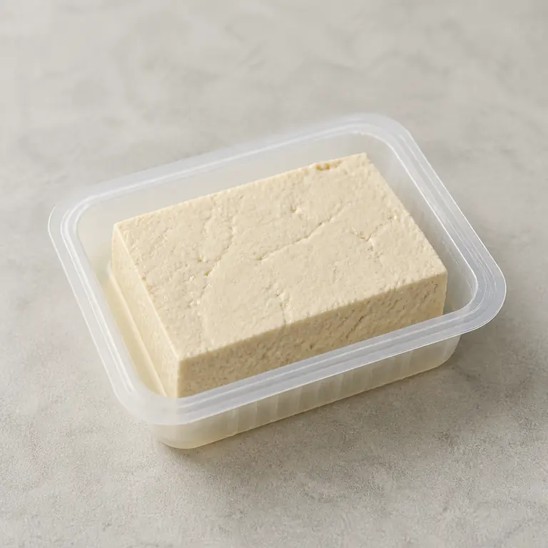 Tofu (opened) on a neutral surface