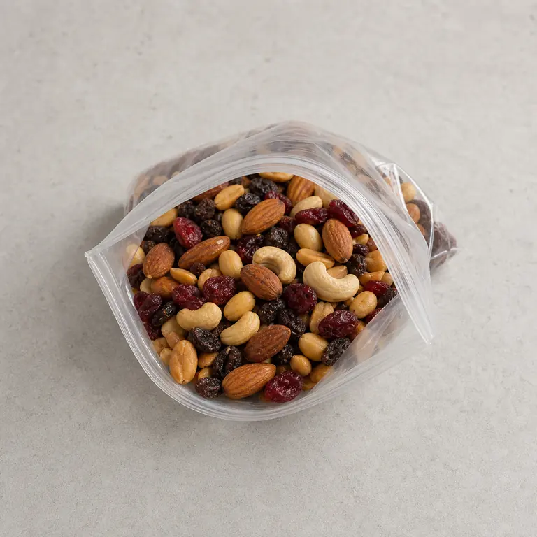 Trail mix (opened) on a neutral surface