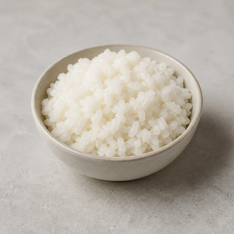 White rice (cooked) on a neutral surface